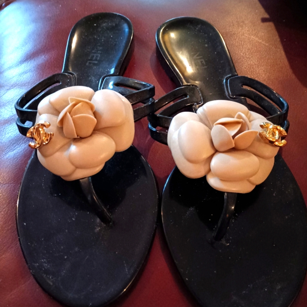 Chanel Camillia Black and Cream Sandals with Floral Accents